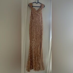 Gold Sequin Velvet Evening Gown Formal Holiday Party Dress M 8 10 Glam Black Tie